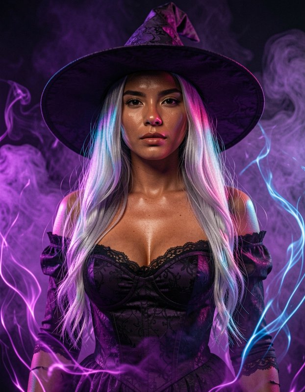 Striking portrait of a silver-haired witch in a dark hat standing amid swirling neon purple magic...
