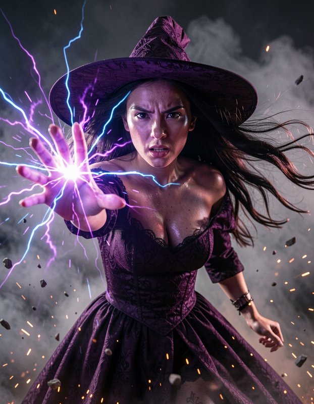 Fierce purple-robed witch casts crackling lightning magic from her outstretched palm