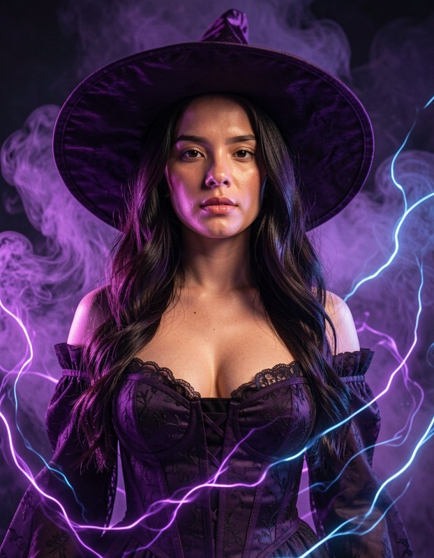 Powerful witch in a purple hat and corset stands surrounded by glowing magical lightning and purp...