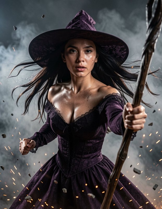 Powerful witch in a purple lace gown and hat holds a wooden staff amid swirling smoke and flying ...
