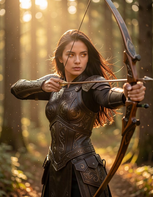 Female fantasy archer drawing an ornate bow while standing in a sunlit forest