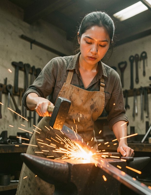 Female blacksmith strikes hot metal on an anvil, sending bright sparks flying inside a workshop