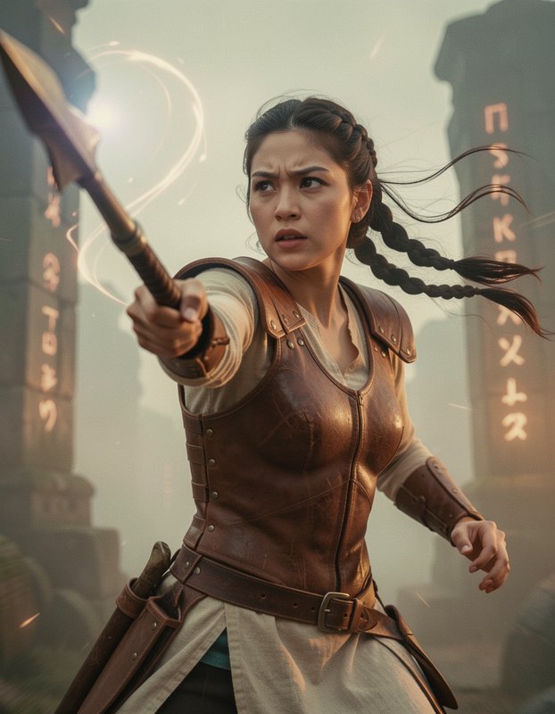 Determined female fantasy warrior points an enchanted spear in misty ancient rune ruins
