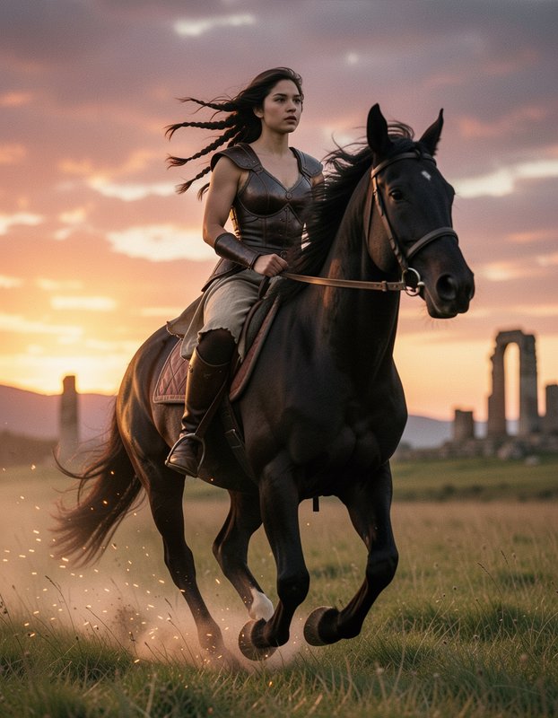 Female warrior in leather armor rides a galloping black stallion across a grassy plain at sunset ...