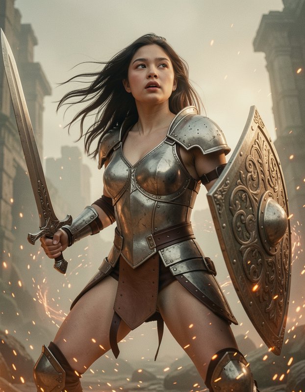 Armored female warrior holding sword and shield stands ready amid misty battle ruins with driftin...