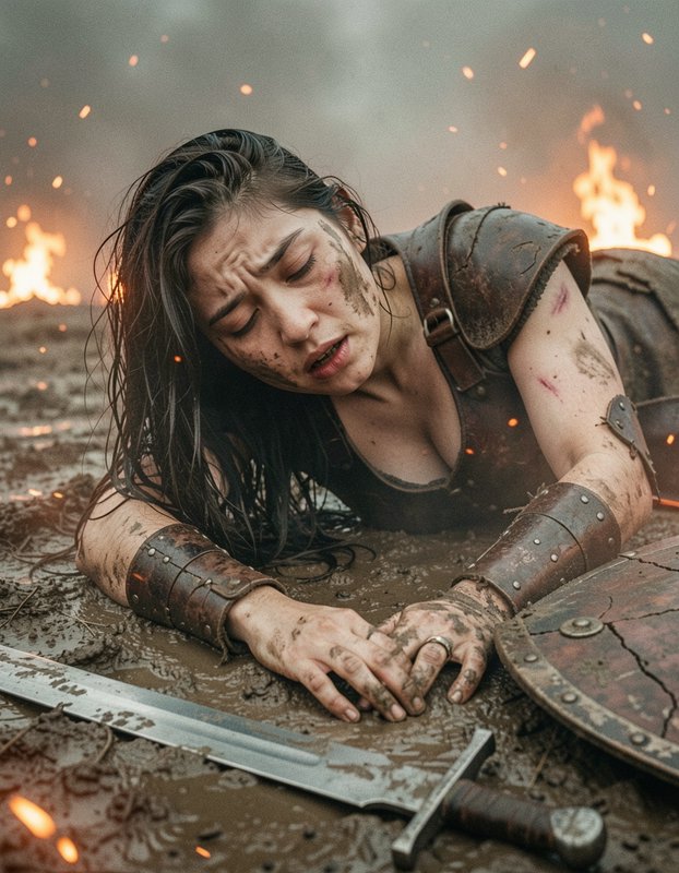 Wounded female warrior lies in a muddy battlefield beside her sword and shield as fires burn behi...