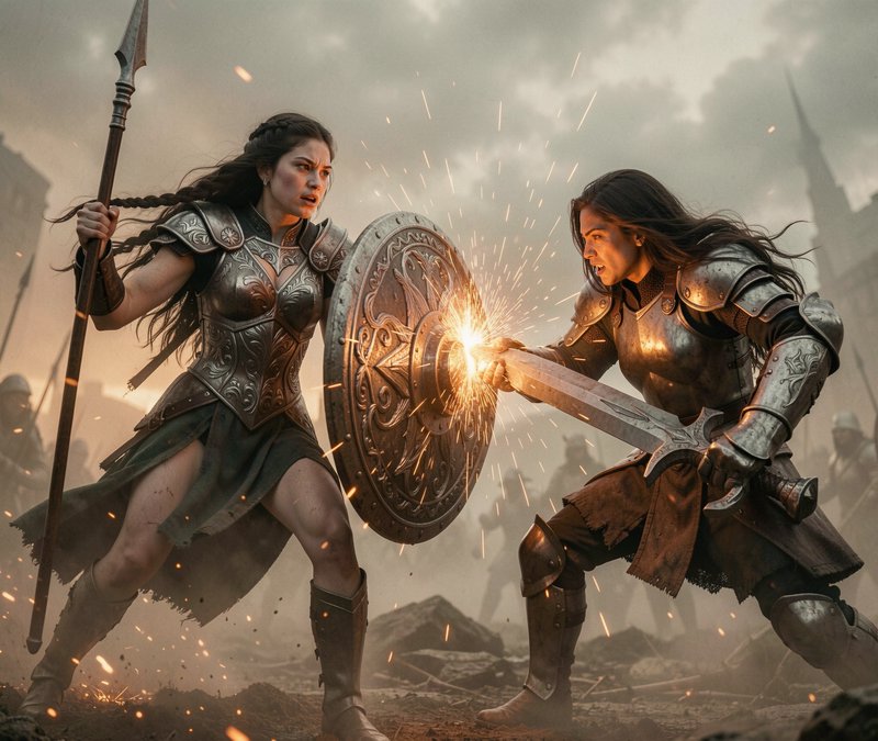 Armored fantasy warriors clash as a sword strikes an ornate shield on a smoky medieval battlefield