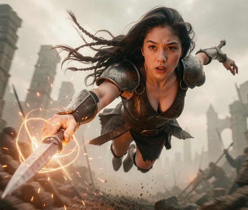 Fierce armored female warrior leaps forward wielding a glowing enchanted sword above a crumbling battlefield