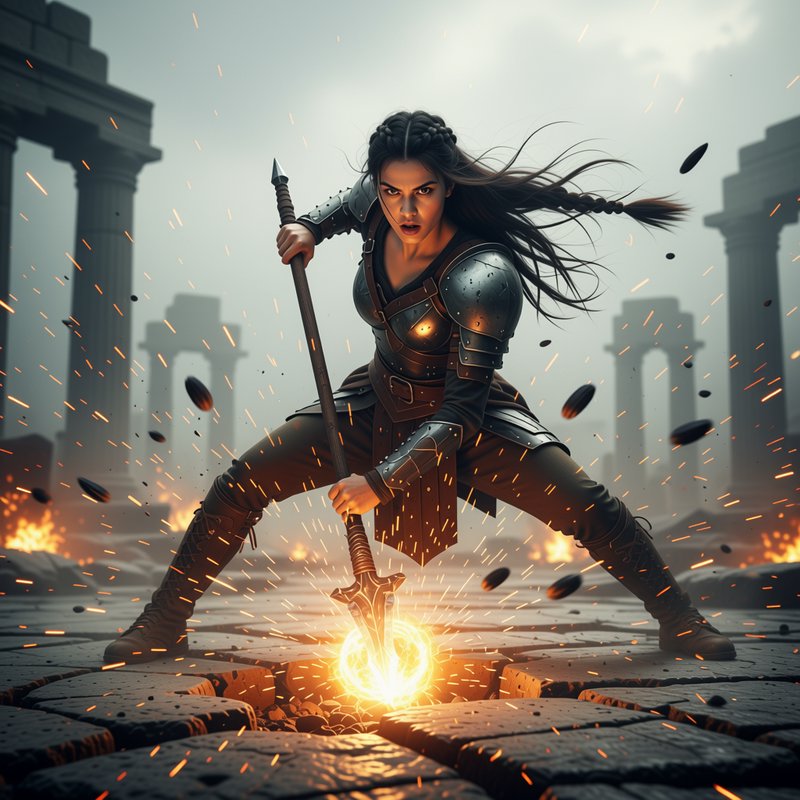 Fierce armored female warrior drives a glowing spear into cracked stone amid smoldering ancient ruins