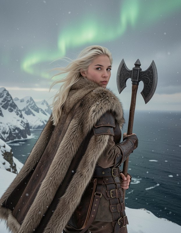 Blonde female viking warrior with a double battle axe stands on a snowy cliff under glowing northern lights