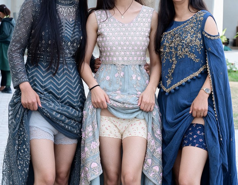 Three young women hold up embroidered ethnic formal gowns to show lightweight undershorts for hot...