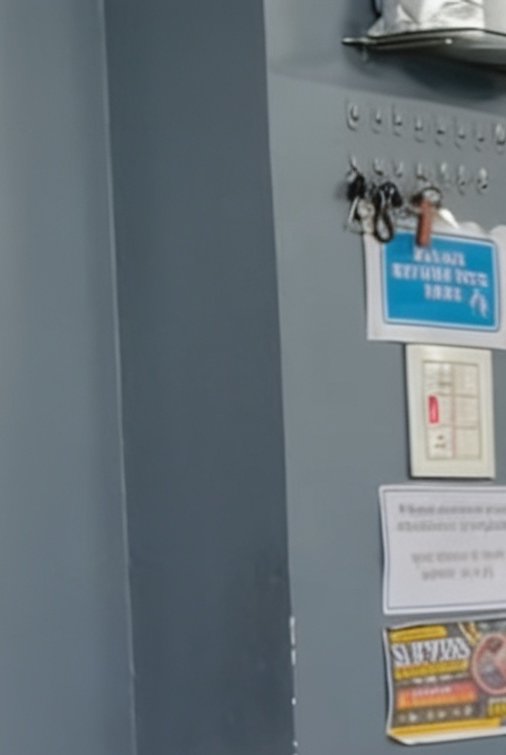 Blurred close-up of a matte grey metal locker door with hooks, hanging keys, and posted notices a...