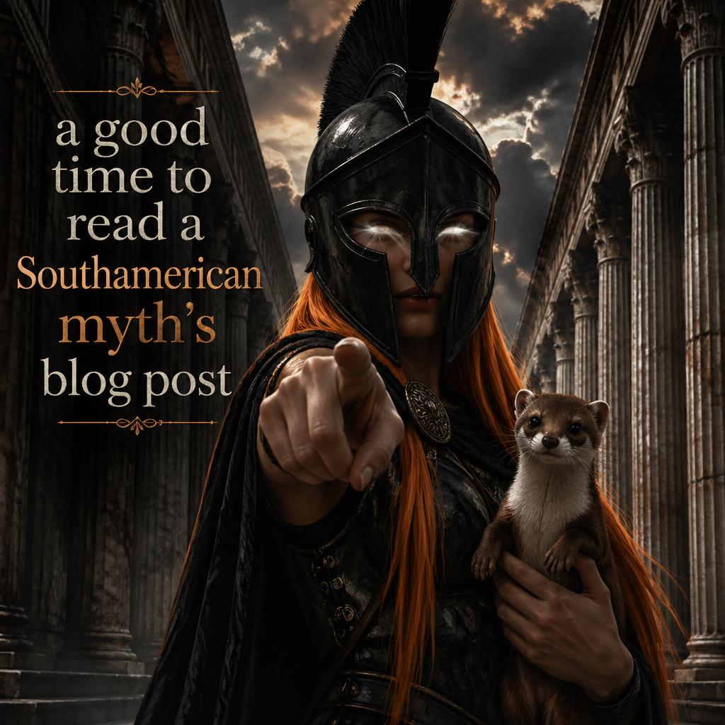 Armored warrior with helmet and orange hair pointing at you, holding a ferret in a columned ancient ruin.