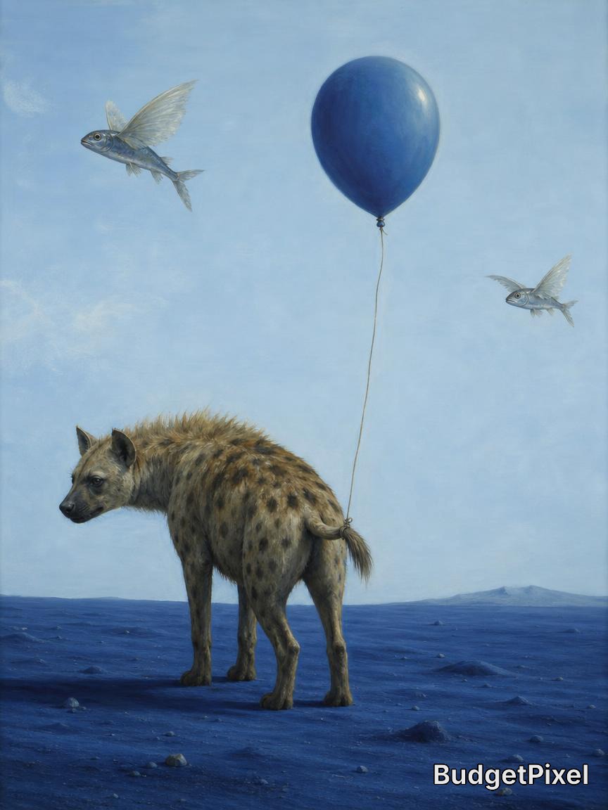 Surreal painting of a hyena tethered to a blue balloon over a blue landscape with birds in a pale sky.