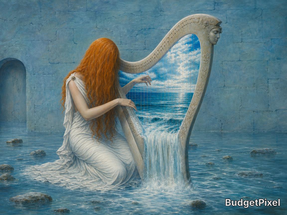 Woman with long red hair in a white gown sits beside a harp-shaped fountain pouring water into a blue pool.