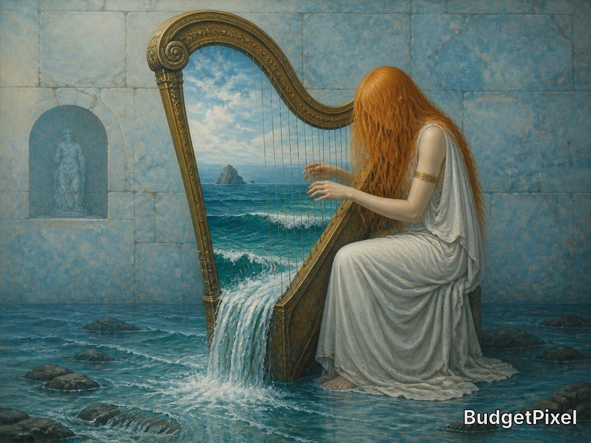 Surreal scene of a woman with long red hair in a white gown playing a harp that spills into the sea.