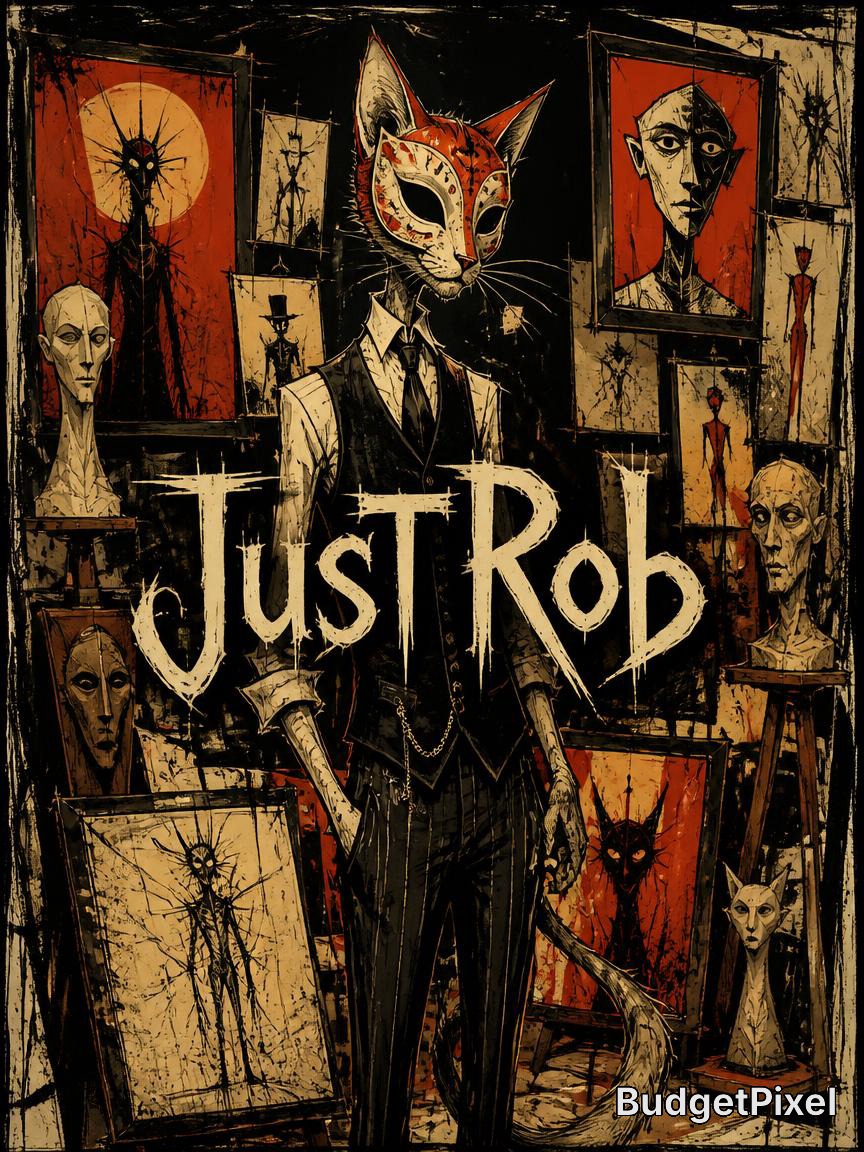 Anthropomorphic cat in a suit with a mask, standing in a dark gallery of eerie portraits.