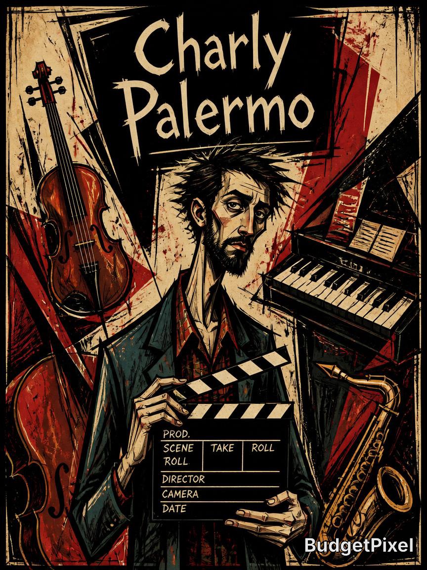 Illustrated poster featuring Charly Palermo with musical instruments (violin, piano, saxophone) and a clapperboard.