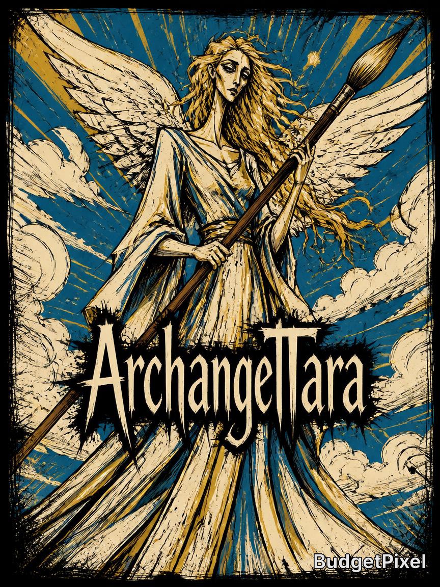 Illustrated angelic figure with wings, flowing robes, and a staff against a blue sky backdrop.