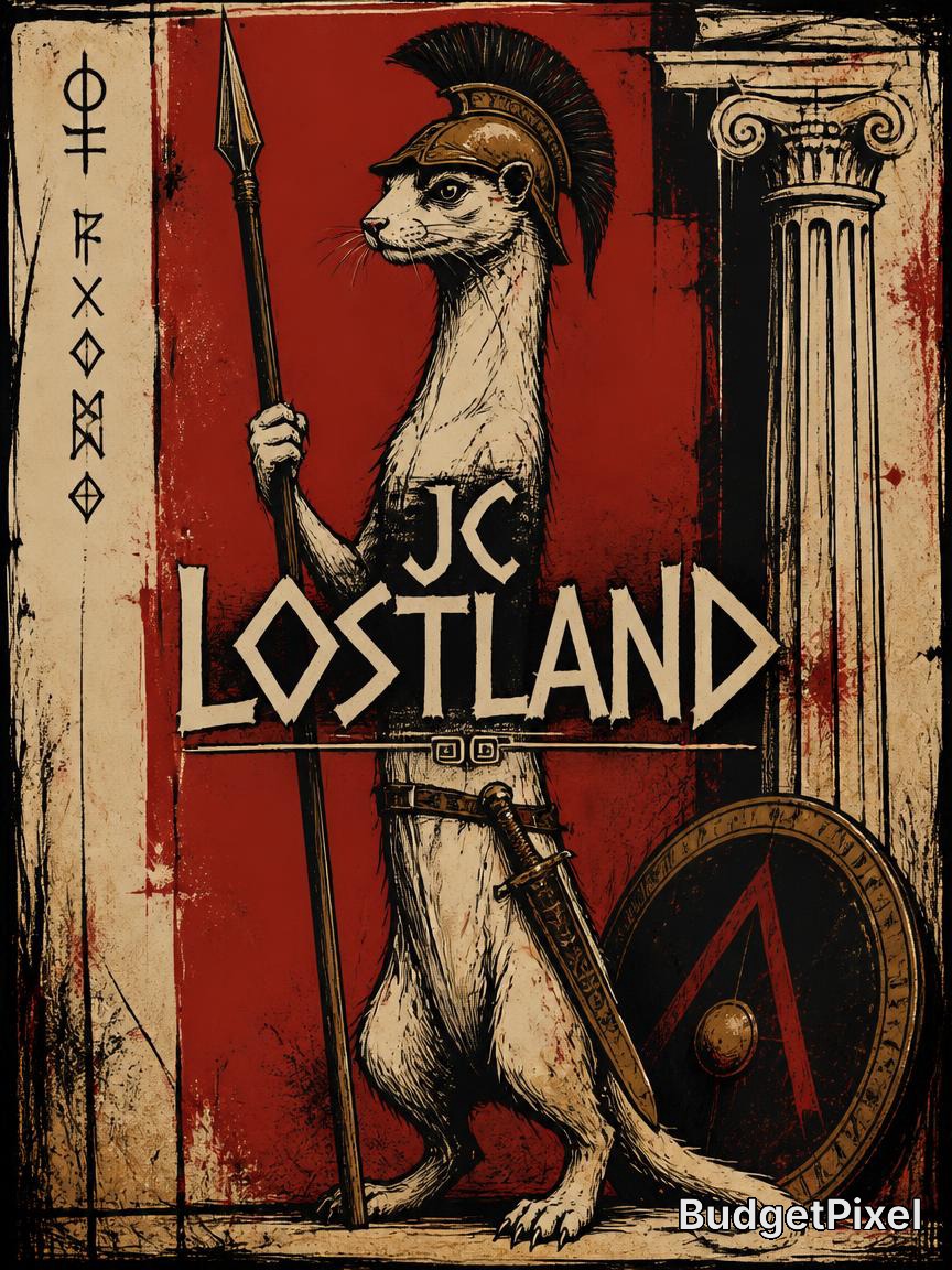 Meerkat dressed as a Roman soldier with spear, helmet, shield, and columns on a red, vintage-style poster.