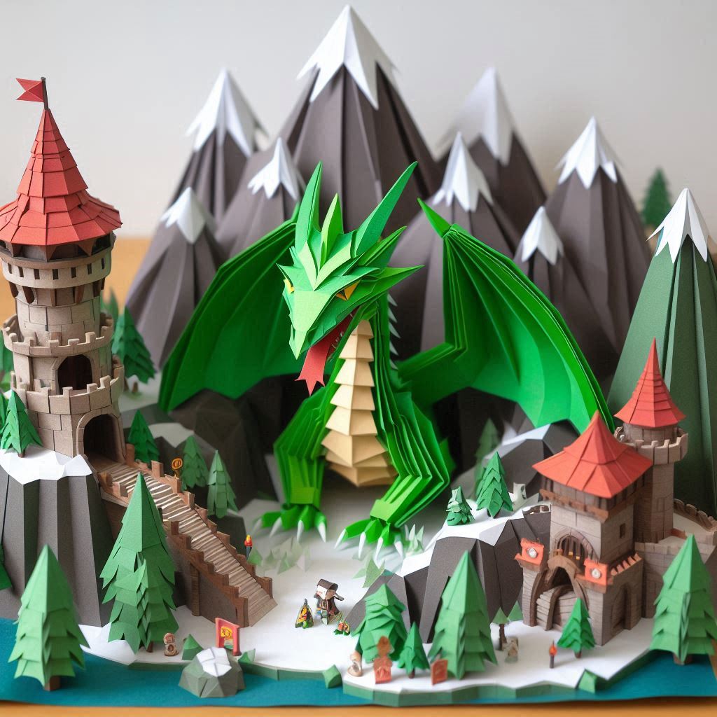 Origami paper dragon diorama with mountains and castles in a snowy forest scene.