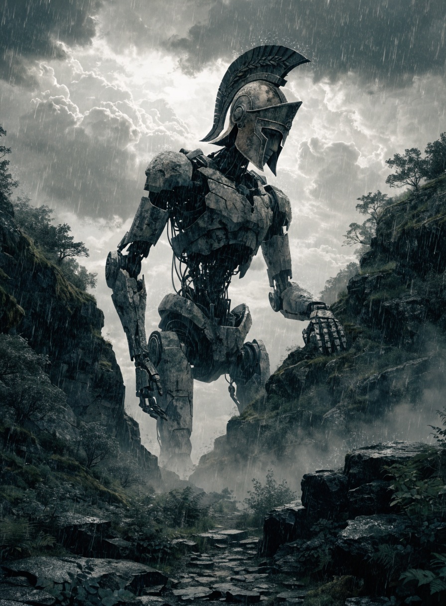 Large armored robot knight standing in a misty, rain-soaked rocky landscape.