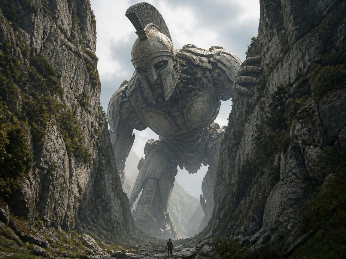 A colossal stone golem towering between canyon walls with a lone explorer at its base.