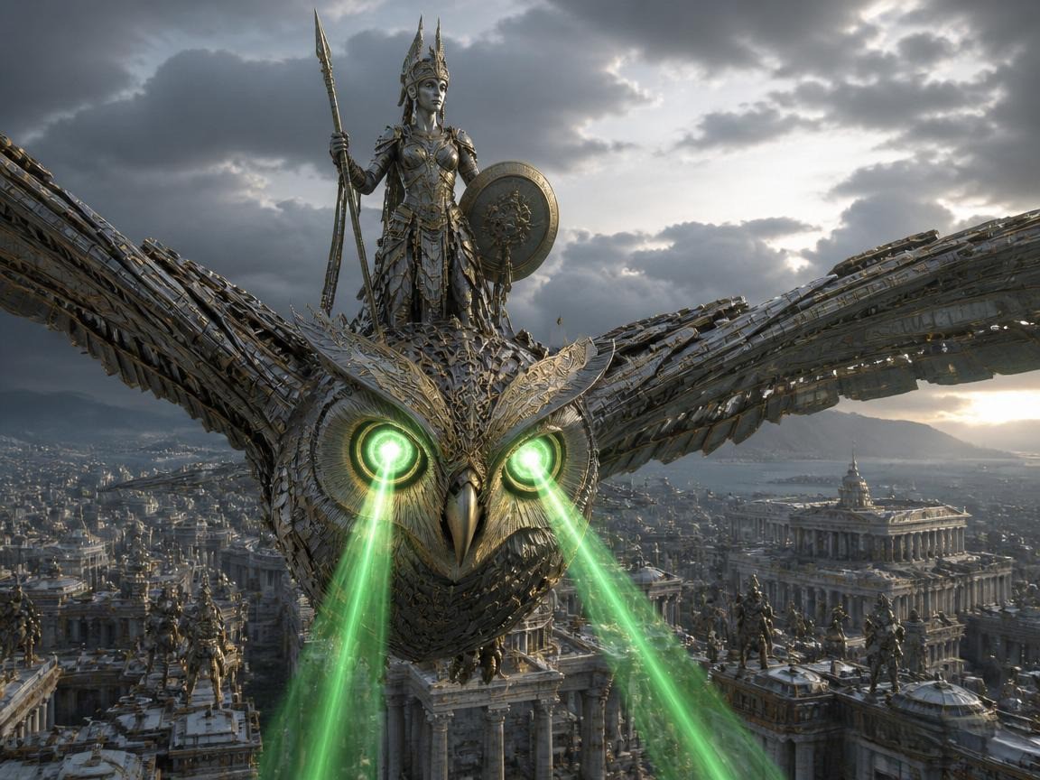 A colossal metallic owl statue with glowing green laser eyes soaring above a ancient cityscape.