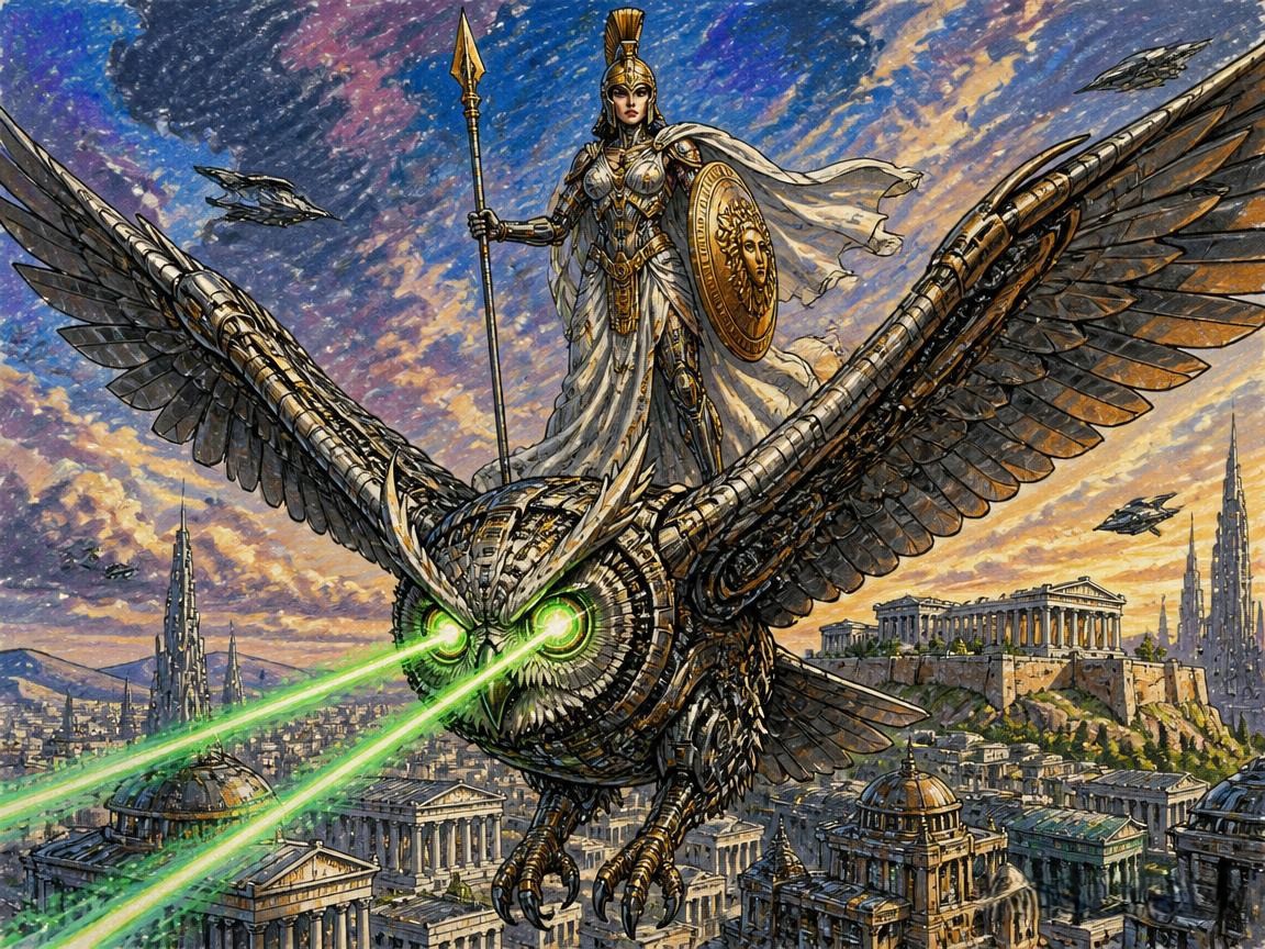 Armored warrior goddess rides a giant mechanical owl blasting green lasers over an ancient city.