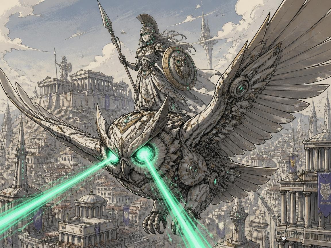 Armored warrior riding a giant mechanical owl firing green laser beams over an ancient city