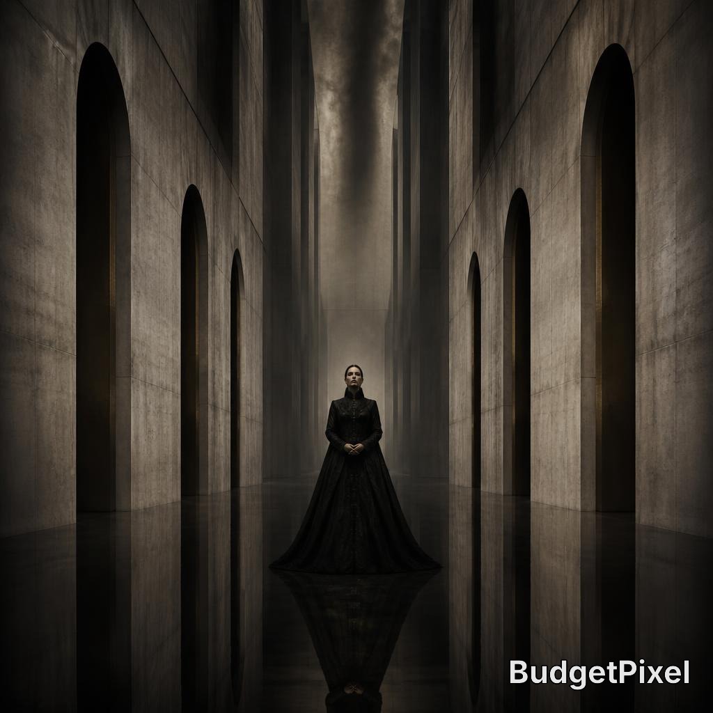 A woman in a long black gown stands in a gothic corridor with tall archways and a reflective floor.