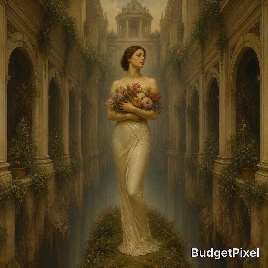 Woman in a cream gown holding a bouquet in a misty, classical arcade lined with arches and greenery.