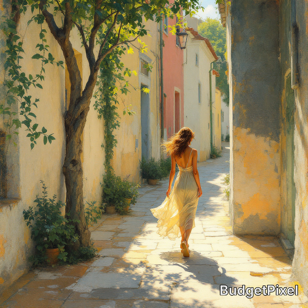 Woman in a flowing dress walking down a sunlit Mediterranean alley with pastel walls.