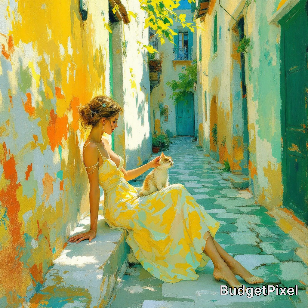 Woman in a yellow dress sits on a sunlit pastel alley wall, gently petting a cat.