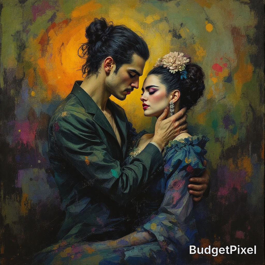 Romantic couple in an intimate embrace painted in a colorful, textured backdrop.