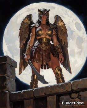 Warrior with bronze armor and large wings stands on a stone balcony against a full moon.