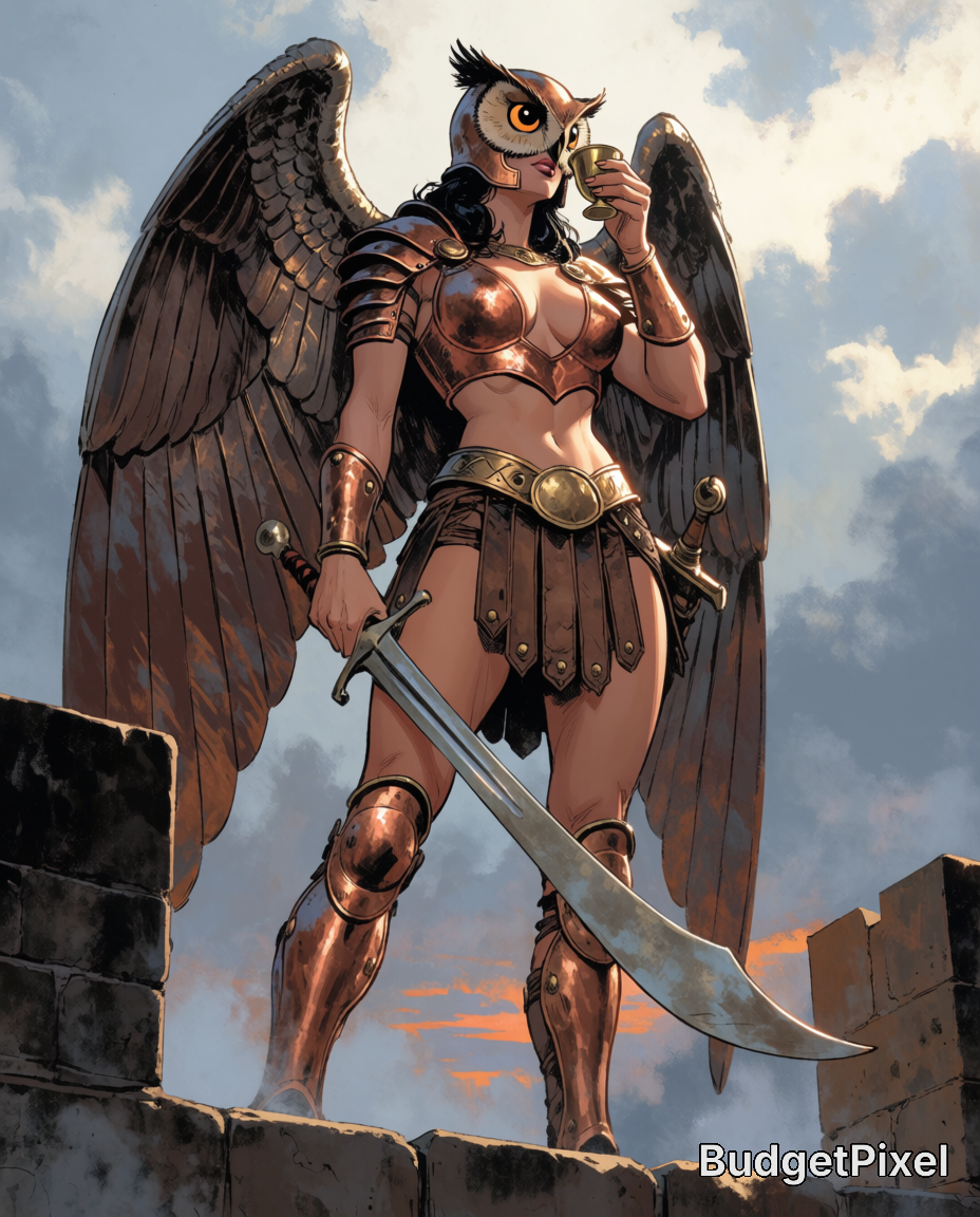 Bronze-armored female winged warrior with an owl helmet on ruins, sword drawn, sipping from a cup.
