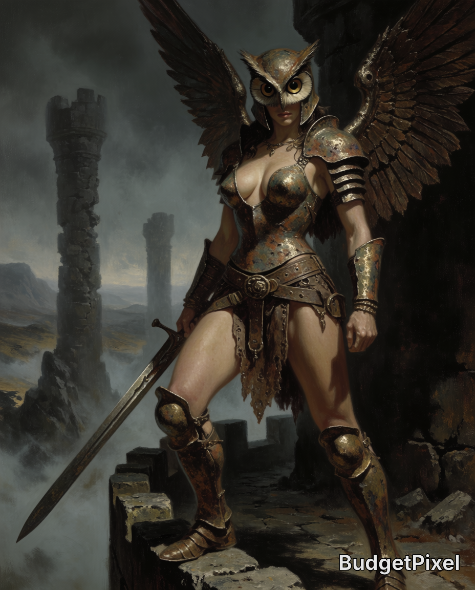 Fantasy warrior woman with metallic armor and large owl wings, standing on ruined battlements with a sword.