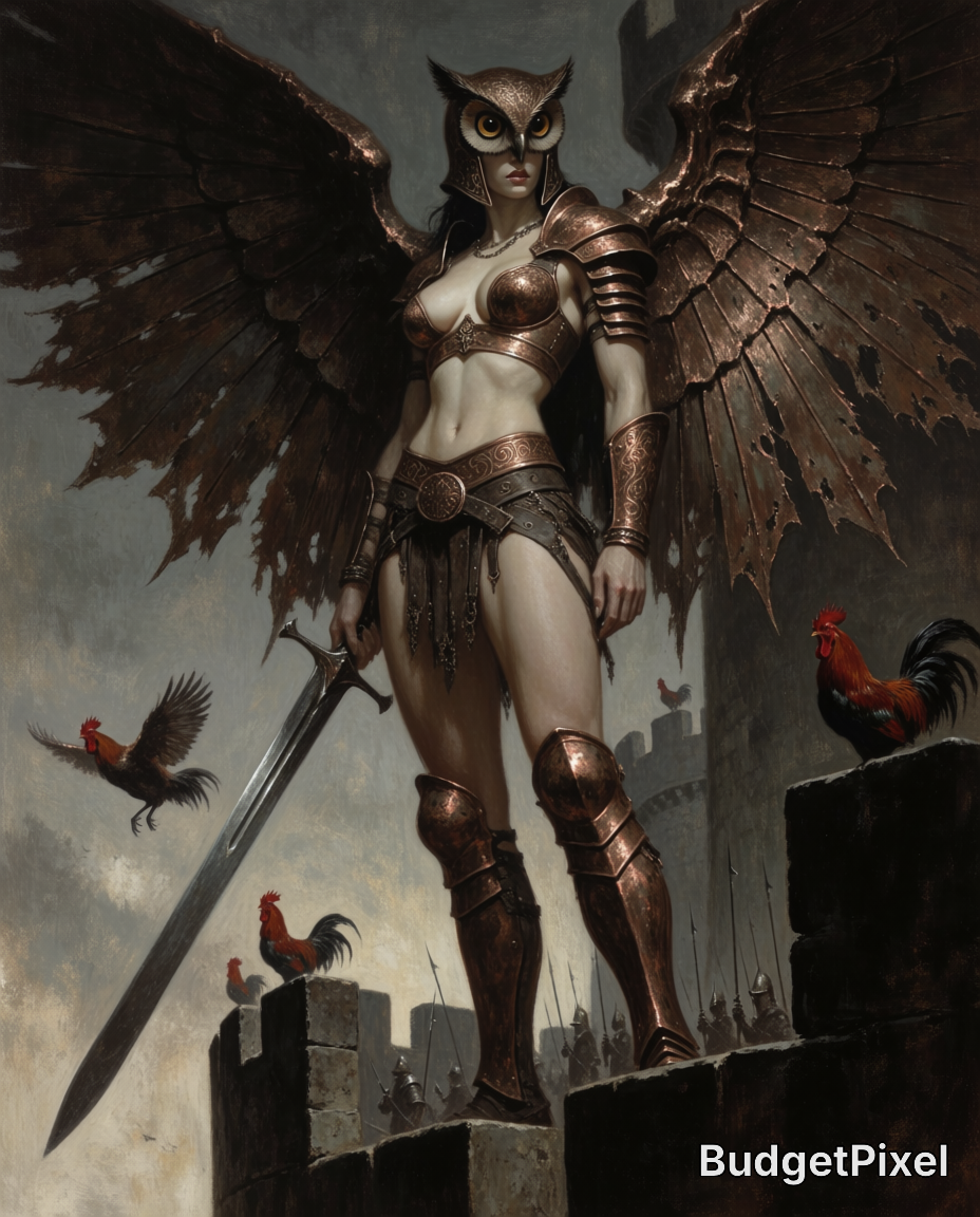 Powerful winged female warrior in bronze armor with a large sword, standing on a fortress wall.