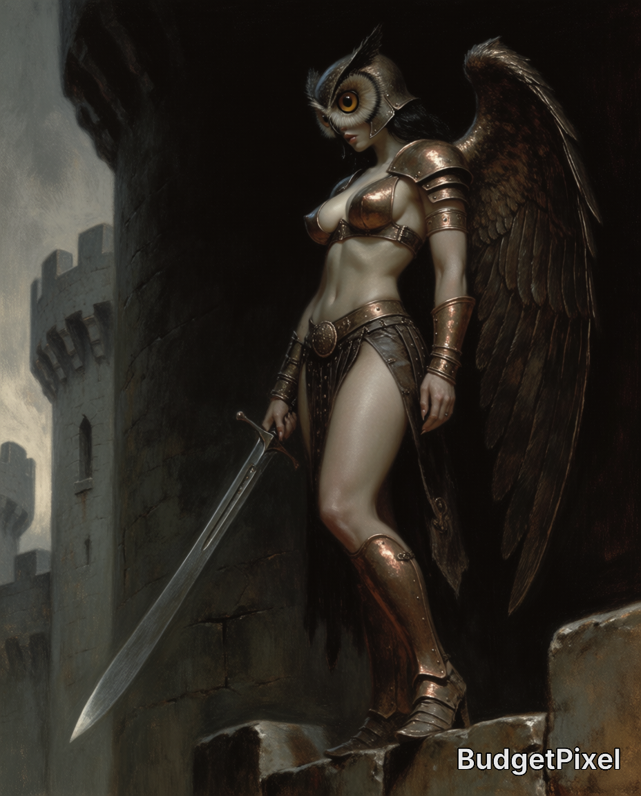 Fantasy winged warrior woman in bronze armor with a long sword beside a castle ruin.