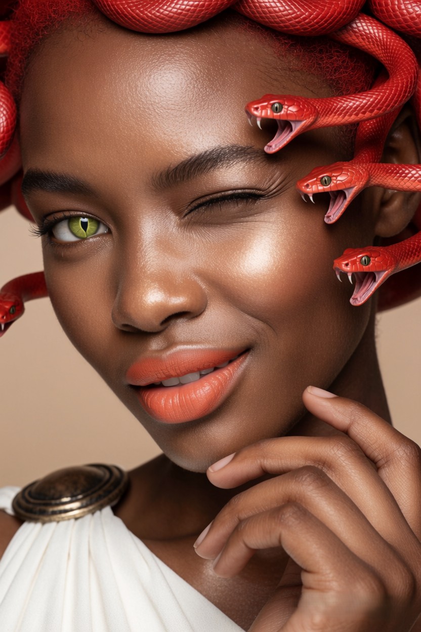Close-up portrait of playful winking Black Medusa with bright red snake hair and green cat eye, against soft beige background
