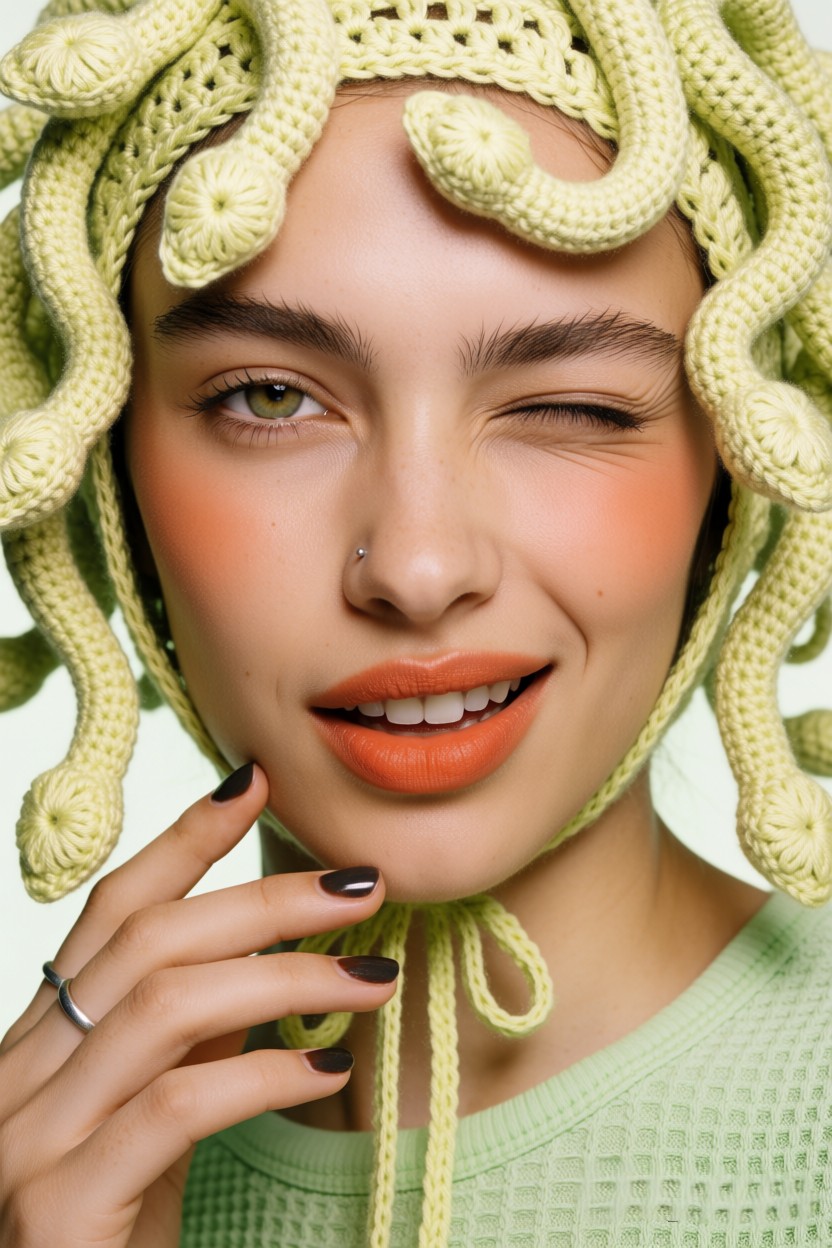 Close-up portrait of a winking young woman wearing a playful pale lime crocheted Medusa snake headpiece, hand resting at h...