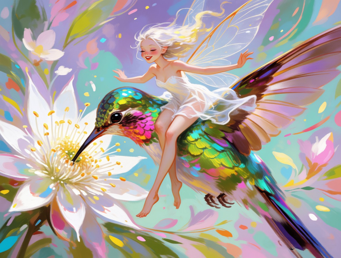 Joyful winged fairy rides an iridescent hummingbird hovering next to a large blooming white flower, pastel fantasy illustr...