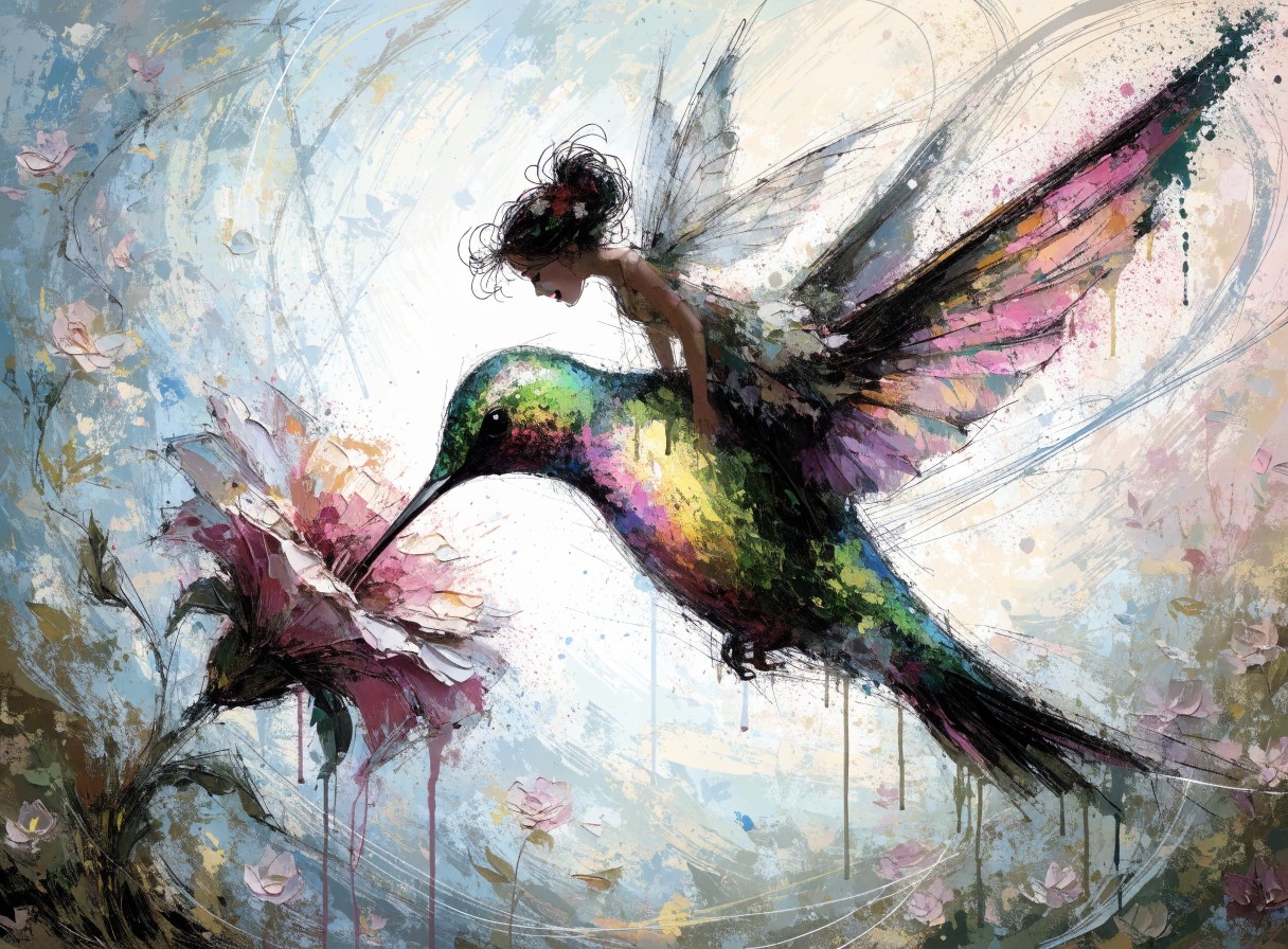 [Impressionist fantasy painting of a tiny winged fairy riding a colorful iridescent hummingbird sipping nectar from a larg...