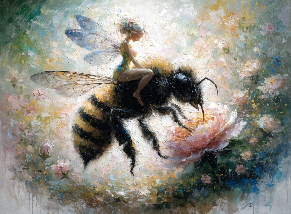 [Impressionist impasto painting of a delicate winged fairy riding a large fluffy bumblebee above blooming pastel garden fl...