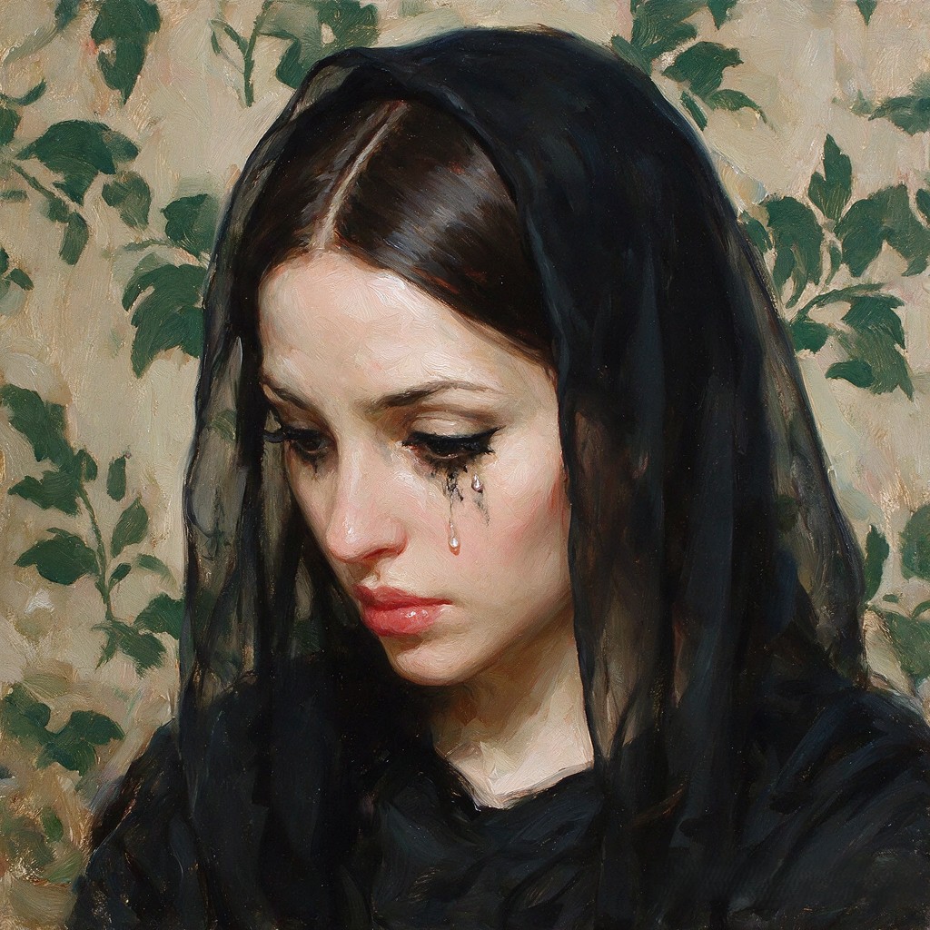Oil portrait of a grieving woman in a black veil, smudged mascara running as tears fall, against leafy patterned wallpaper.