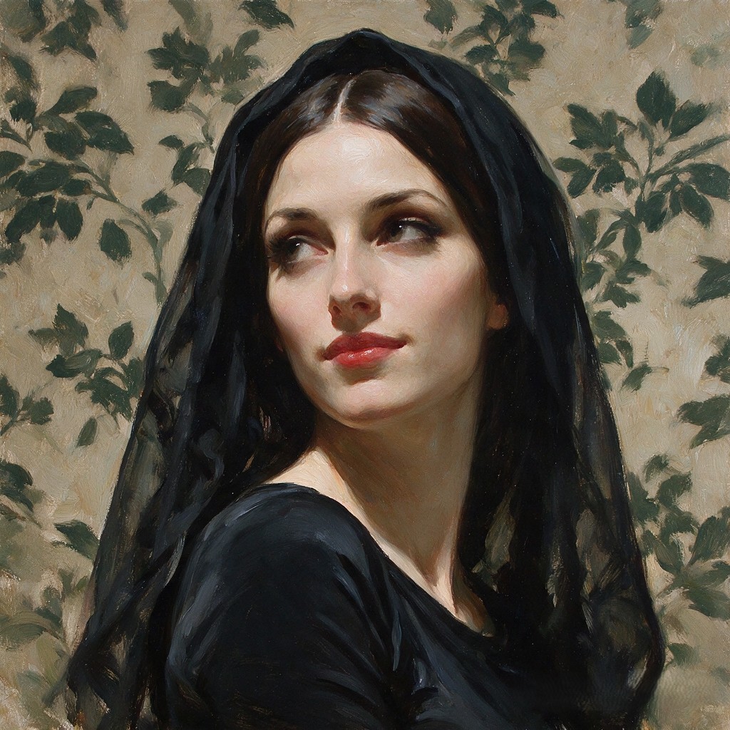 Realist oil portrait of an elegant woman in a sheer black veil, gazing thoughtfully upward against a botanical patterned b...