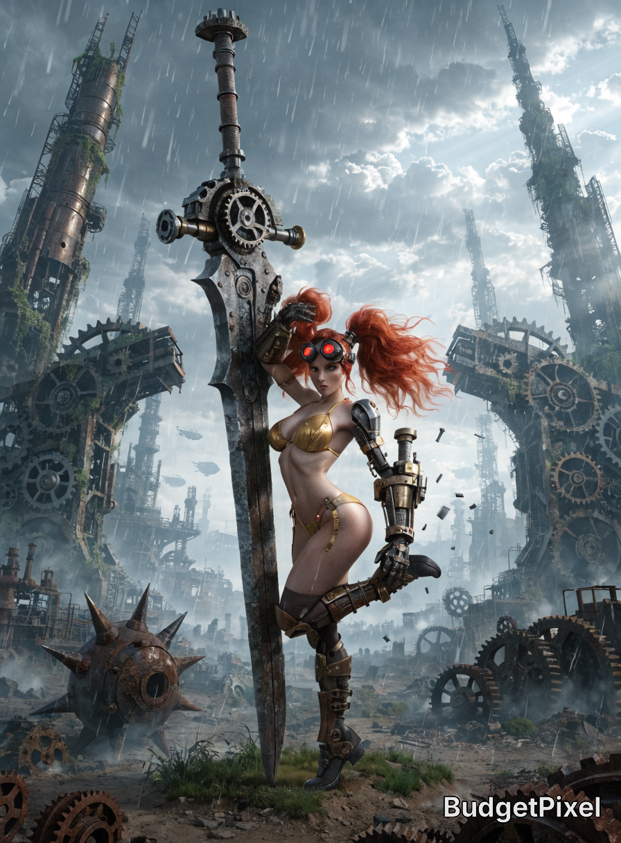 [Steampunk warrior woman with red pigtails leans on a giant mechanical greatsword in a rainy ruined industrial dystopian c...