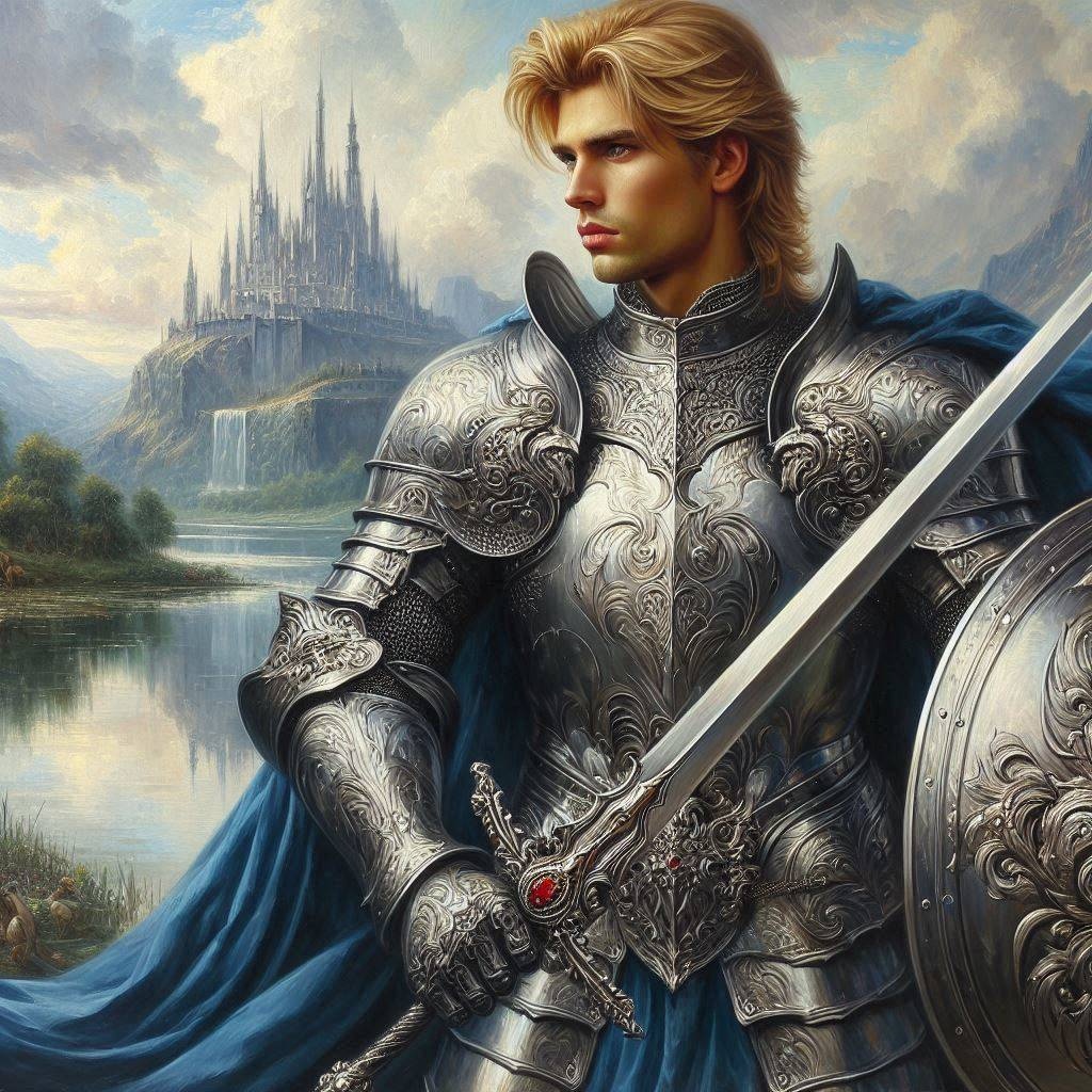 [Blonde fantasy knight in ornate engraved silver armor holds sword and shield, with a spired lakeside castle in the misty ...