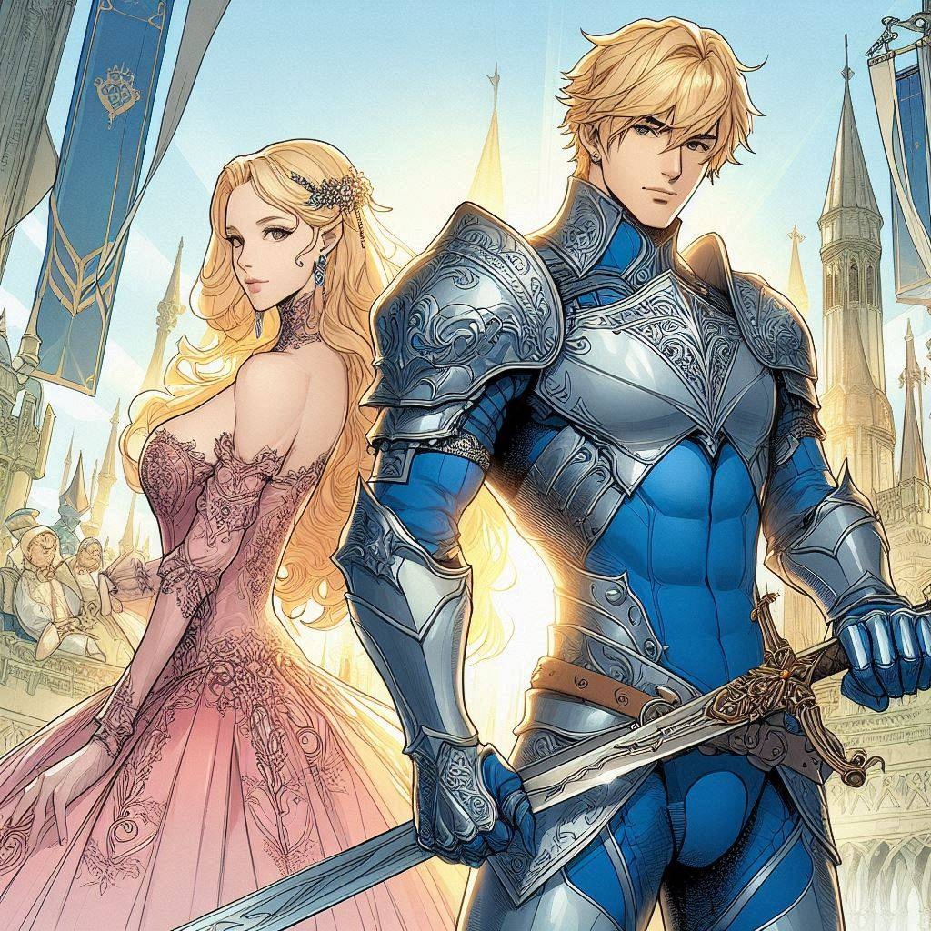 Anime fantasy illustration of a blonde armored knight standing with an elegant blonde princess before a sunlit royal castle.
